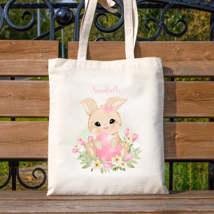 Cute Pink Easter Bunny Personalized Girl Tote Bag