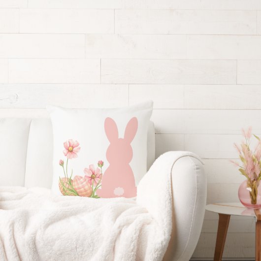 Cute Pink Easter Bunny with Spring Flowers  Kussen (Bank)