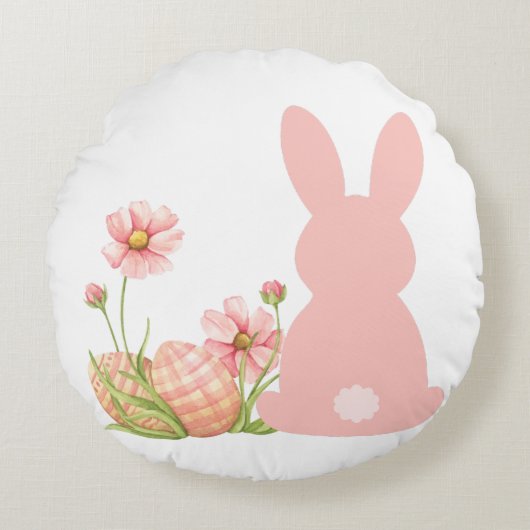 Cute Pink Easter Bunny with Spring Flowers  Rond Kussen (Voorkant)