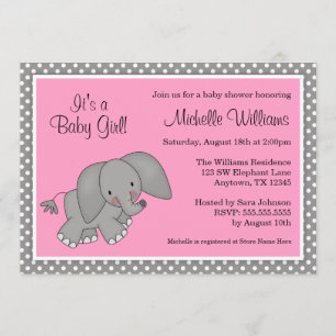 Cute Pink Elephant Girl Baby Shower Invitations Kaart