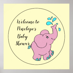 Cute Pink Elephant met Jouw naam Baby shower Poster