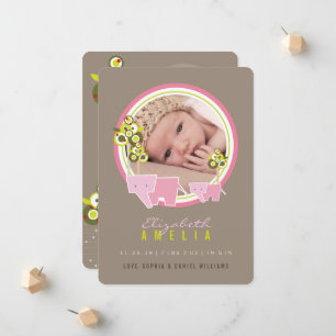 Cute Pink Elephants Family Baby Girl Foto geboorte Aankondiging