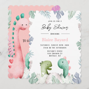 Cute Pink en Blauwgroen Dinosaurs Girl Baby shower Kaart