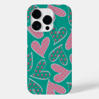 Cute Pink en Blauwgroen Floral Hearts Pattern Case-Mate iPhone 14 Pro Hoesje