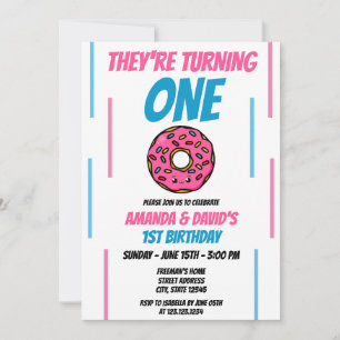 Cute Pink en Blue Donut Twin Joint 1st Birthday Kaart