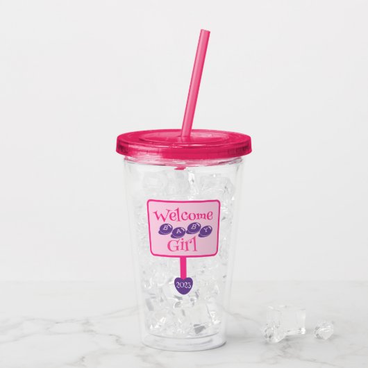 Cute Pink en Paarse Baby Girl Shower Signpost Acryl Drinkbeker (Achterkant ijs)