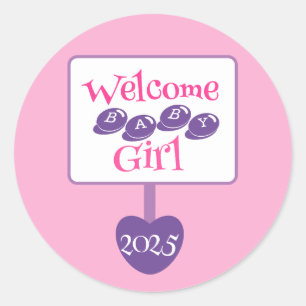 Cute Pink en Paarse Baby Girl Shower Signpost Ronde Sticker