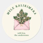 Cute Pink Envelope Holly Greenery Mele Kalikimaka  Ronde Sticker (Voorkant)