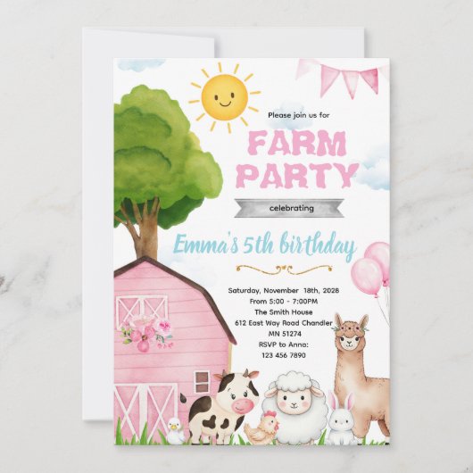 Cute pink farm barnyard invitation (Devant)