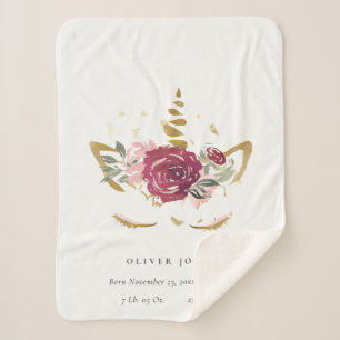 Cute Pink Faux Gold Floral Unicorn Birth Stat Sherpa Deken