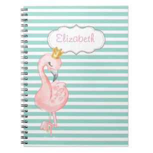 Cute Pink Flamingo Crown Mint Green White Stripes Notitieboek