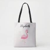 Cute Pink Flamingo Custom Name Tan Stripes Draagtas (Voorkant)