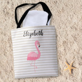 Cute Pink Flamingo Custom Name Tan Stripes Draagtas