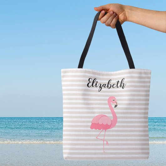 Cute Pink Flamingo Custom Name Tan Stripes Draagtas