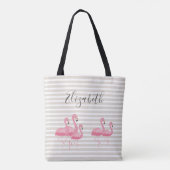 Cute Pink Flamingo Custom Name Trendy Tan Stripes Draagtas (Achterkant)