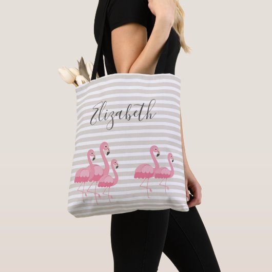 Cute Pink Flamingo Custom Name Trendy Tan Stripes Draagtas (Dichtbij)