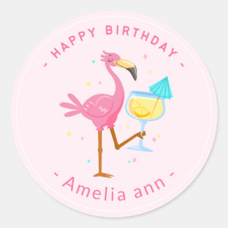 CUTE PINK FLAMINGO HAPPY BIRTHDAY GIRL RONDE STICKER