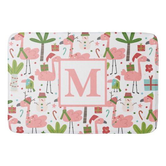 Cute Pink Flamingo Kerstmonogram Initiaal Badmat (Voorkant)