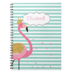 Cute Pink Flamingo Mint Green White Stripes Notitieboek