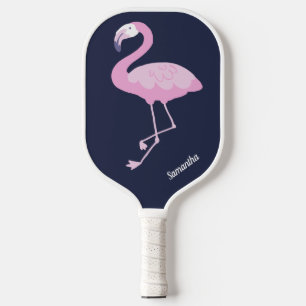 Cute Pink Flamingo on Dark Blue met Name Pickleball Paddle