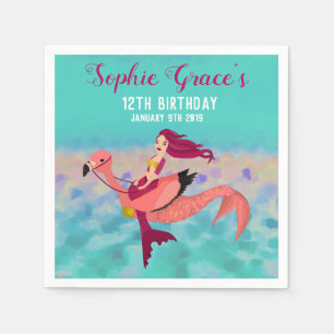 Cute Pink Flamingo Paars Mermaid Birthday Party Servet