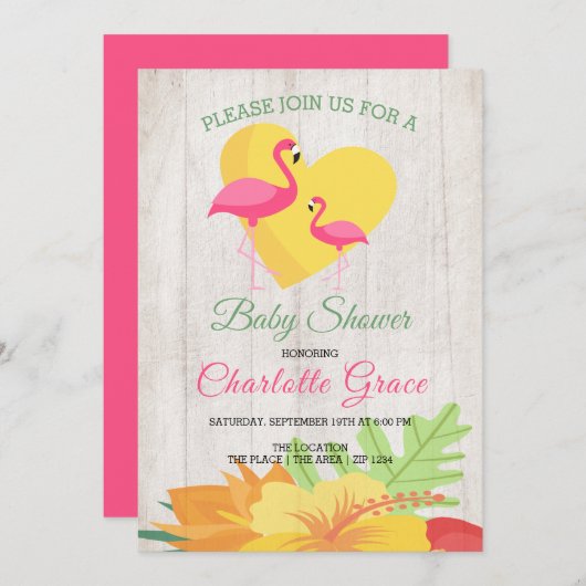Cute Pink Flamingo Personalized Baby shower Kaart (Voorkant / Achterkant)