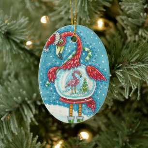 CUTE PINK FLAMINGO SNOWGLOBE, CHRISTMAS BIRD SANTA KERAMISCH ORNAMENT