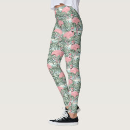 Cute Pink Flamingoes Palm Leafs Pattern Leggings