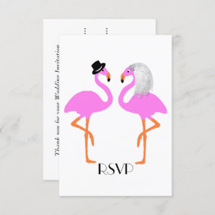 Cute Pink Flamingos Bride & Groom Wedding Kaart