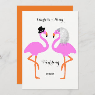 Cute Pink Flamingos Bride & Groom Wedding Kaart