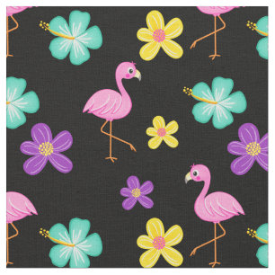 Cute Pink Flamingos en Flowers Black Stof