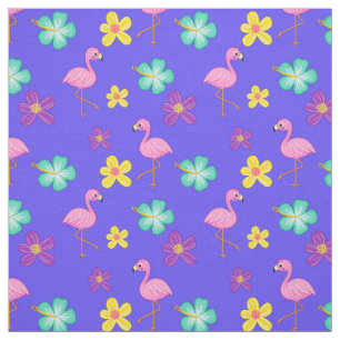 Cute Pink Flamingos en Flowers Blue Stof