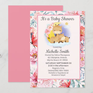 Cute Pink Floral Giraffe Mam Baby shower Kaart
