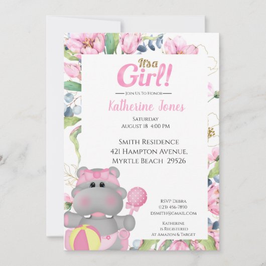 Cute Pink Floral Hippo Baby shower Invitation Kaart (Voorkant)