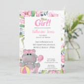 Cute Pink Floral Hippo Baby shower Invitation Kaart (Staand voorkant)