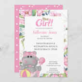 Cute Pink Floral Hippo Baby shower Invitation Kaart (Voorkant / Achterkant)