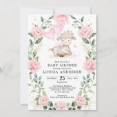 Cute Pink Floral Lamb Balloons Girl Baby shower Kaart (Voorkant)