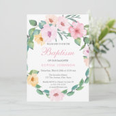 Cute Pink Floral Leaf Wreath Baptism Invite Kaart (Staand voorkant)