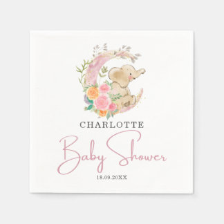 Cute Pink Floral Moon Girl Elephant Baby shower Servet