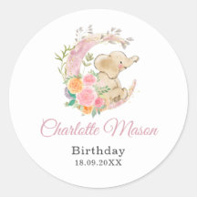 Cute Pink Floral Moon Girl Elephant Birthday