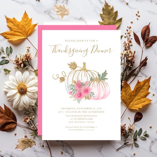 Cute Pink Floral Pumpkin Thanksgiving Dinner Kaart