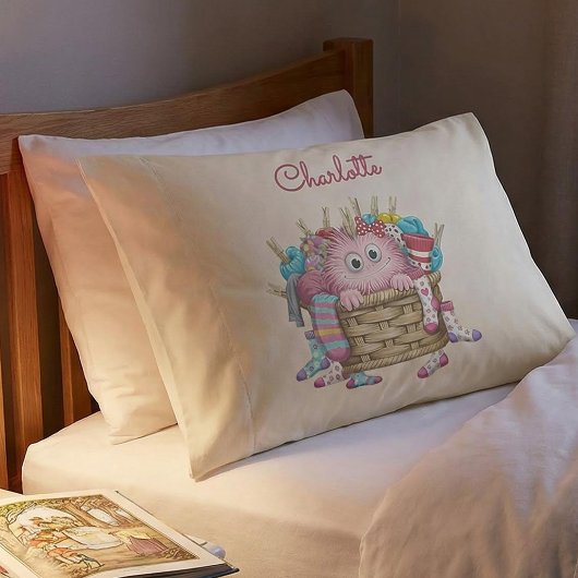 Cute Pink Fluffy Sock Monster Kids Design Kussensloop