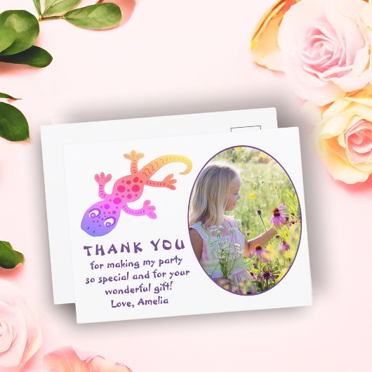 Cute Pink Gecko Lizard Girl Foto Birthday Dank Briefkaart