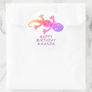 Cute Pink Gecko Lizard Rainbow Girls Birthday Ronde Sticker