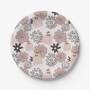 Cute Pink Ghost Floral Halloween Pattern Papieren Bordje