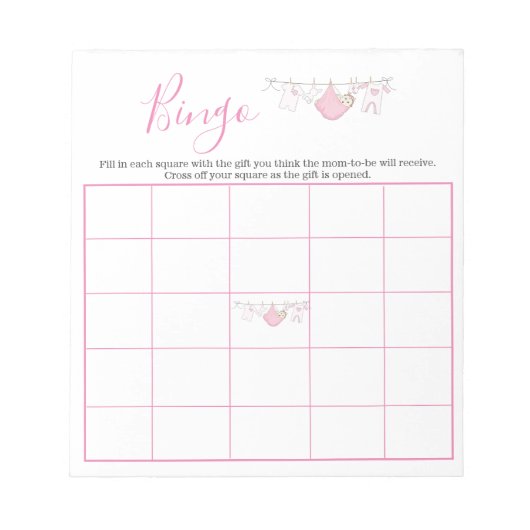 Cute Pink Girl Clothesline Baby shower Bingo Game Notitieblok (Voorkant)