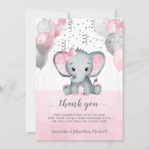 Cute Pink Girl Elephant Balloons Baby shower Bedankkaart
