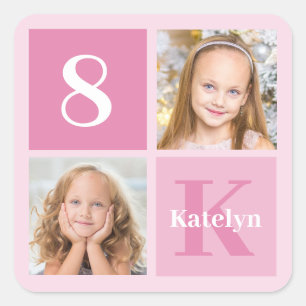 Cute Pink Girl Photo Collage Custom Birthday Party Vierkante Sticker