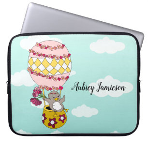 Cute Pink Girly Boho Flower Bird Hot Air ballon Laptop Sleeve