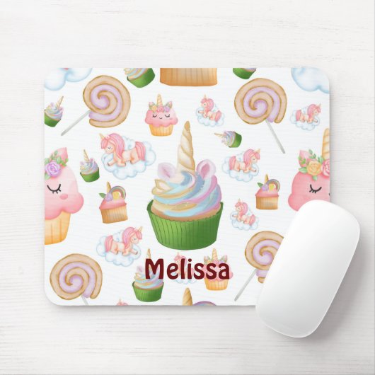 Cute Pink Girly Name Cupcake Unicorn Pattern Muismat (Met muis)